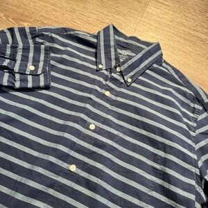J Crew Shirt Mens Large Blue Stripe‎ Light Weight 100% Cotton Preppy Slim Fit